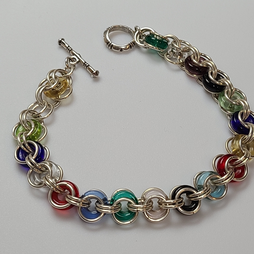 925 Chainmaille Bracelet Rainbow Glass Toggle Large Plus Size 8" Sterling Silver
